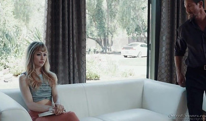 Pretty blonde teen slobbers on a big hard cock and gets her tight pussy hammered