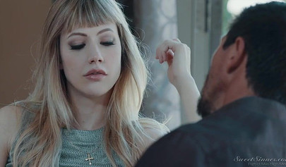 Pretty blonde teen slobbers on a big hard cock and gets her tight pussy hammered