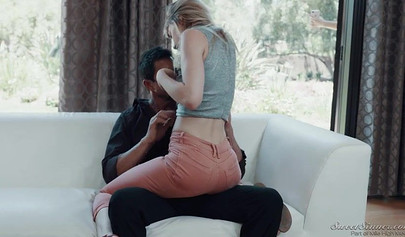 Pretty blonde teen slobbers on a big hard cock and gets her tight pussy hammered