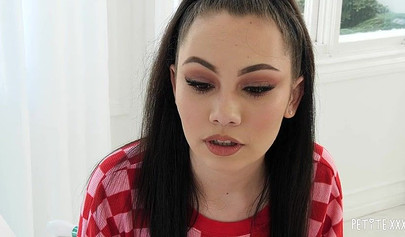 Ravishing black-haired teen masturbating with toys gets impaled on a big cock