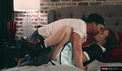 Beautiful brunette teenie gives a hot blowjob and has her pussy licked and railed