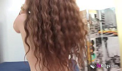 Young pale redhead nubile sits deep on his huge cock before swallowing his cum