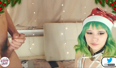 Dazzling green-haired teenie gives a long and sloppy blowjob and swallows his cum