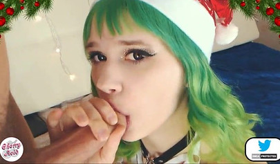 Dazzling green-haired teenie gives a long and sloppy blowjob and swallows his cum