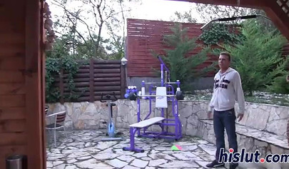 Skinny brunette nubile blows his cock before being licked and pounded balls deep