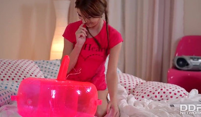 Horny teen masturbates by fingering her ass and taking a giant dildo in it