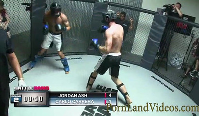 Skinny teenage slut gives an impressive blowjob in octagon before being drilled