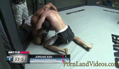 Skinny teenage slut gives an impressive blowjob in octagon before being drilled