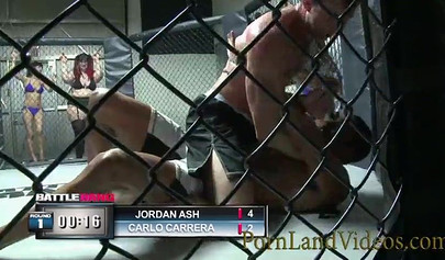 Skinny teenage slut gives an impressive blowjob in octagon before being drilled