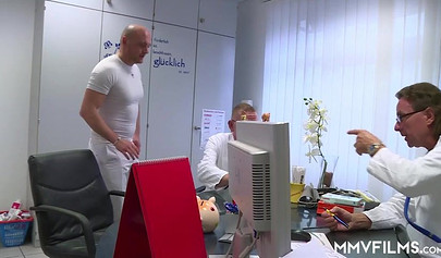 Blonde teenage girl sucks two cocks and gets double penetrated in a doctors office