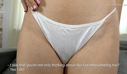 Shy brunette teenage girl with big natural tits uses a dildo to fuck her tight ass