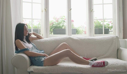 Petite dark-haired girl fingered and impaled on a big hard cock swallows his cum