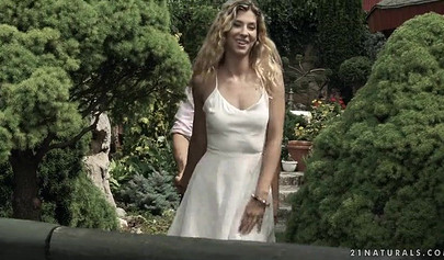 Curly blonde nubile sucks his cock and gets her ass impaled before swallowing cum