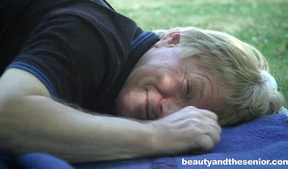 Skinny blonde teen blows an older guy and gets fucked balls deep by him outside