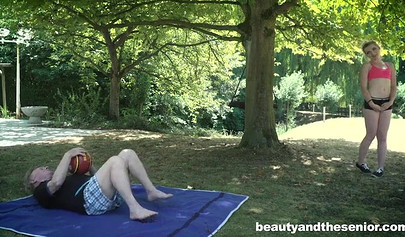 Skinny blonde teen blows an older guy and gets fucked balls deep by him outside