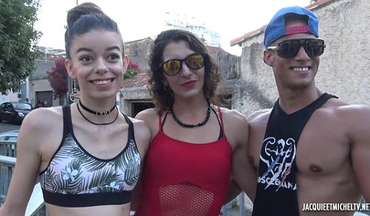 Two skinny teens kiss and lick each other before being impaled on a big hard cock