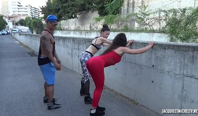 Two skinny teens kiss and lick each other before being impaled on a big hard cock