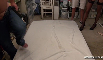 Horny brunette teen chokes on two hard cocks before they double penetrate her deep