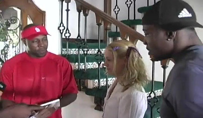 Petite blonde teen chokes on two huge black cocks before they double penetrate her