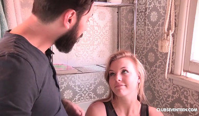 Blonde nubile with perky tits and great ass sucks cock and fucks in a bathroom