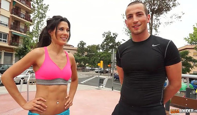 Athletic black-haired teen seduced into swallowing a huge cock and getting pounded