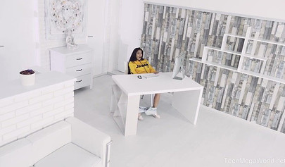 Naughty black-haired teen impaled on a big hard cock before swallowing his cum