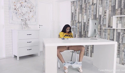 Naughty black-haired teen impaled on a big hard cock before swallowing his cum