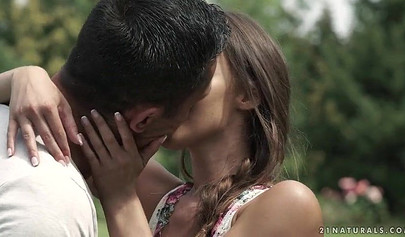 Cute and skinny brunette teen sucks a hard cock before having her ass pounded deep