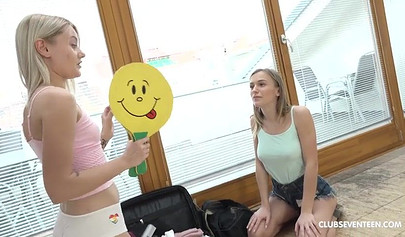 Two beautiful blonde lesbian teens ride and finger each other until they cum hard