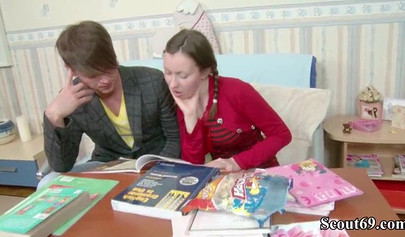 Cute teen schoolgirl sucks hard cock and gets her ass pounded instead of studying