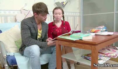 Cute teen schoolgirl sucks hard cock and gets her ass pounded instead of studying