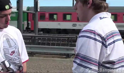 Young teen slut Alexis Crystal has public sex threesome at the railway station