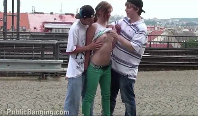 Young teen slut Alexis Crystal has public sex threesome at the railway station