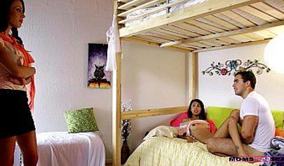 Teenage couple having sex gets caught by their mom who joins them immediately