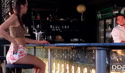 Petite long haired teen slut fucks a bartender with a big fat dick in all holes