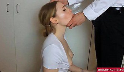 Teen little slave loves to put dicks in her mouth and push them down her throat