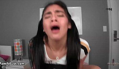 Latina teen with pigtails gets fucked by a huge dick and she loves the feeling