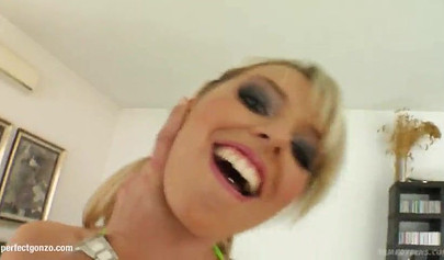 Stella Rought teen whore gets fucked by two huge buffed dudes and she loves it