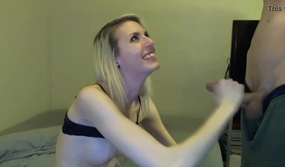 Skinny teen bitch chokes on a cock before getting fucked and getting a facial