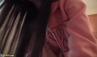 Beautiful teenage slut with small tits and gorgeous eyes gets fucked on tape