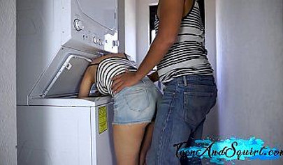 Stepsister teen gets fucked in the laundry room and gets cum on her titties