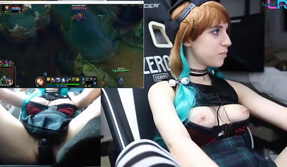 Hot teenage slut playing League of Legends while fingering her tight little cunt