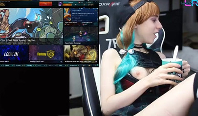 Hot teenage slut playing League of Legends while fingering her tight little cunt
