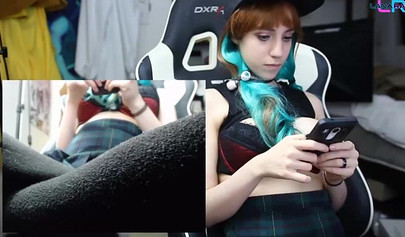 Hot teenage slut playing League of Legends while fingering her tight little cunt