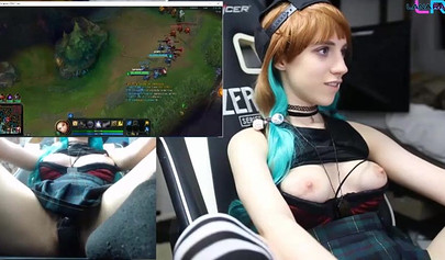 Hot teenage slut playing League of Legends while fingering her tight little cunt