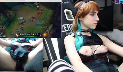 Hot teenage slut playing League of Legends while fingering her tight little cunt