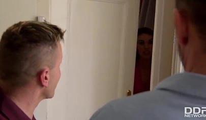 Dutch teen slut Cristine Akira joins Tiffany Doll in fucking two hot buffed guys