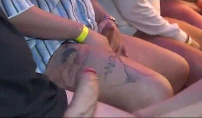 Skinny teenage chick participates in a gangbang and gets cum on her little face