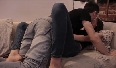 Brunette teen sucks a giant dick and gets fucked in the pussy with cum on face