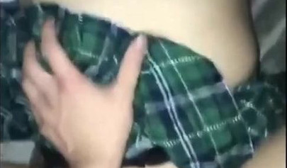 Amateur brunette teenage chick in a school uniform gets fucked on a huge bed